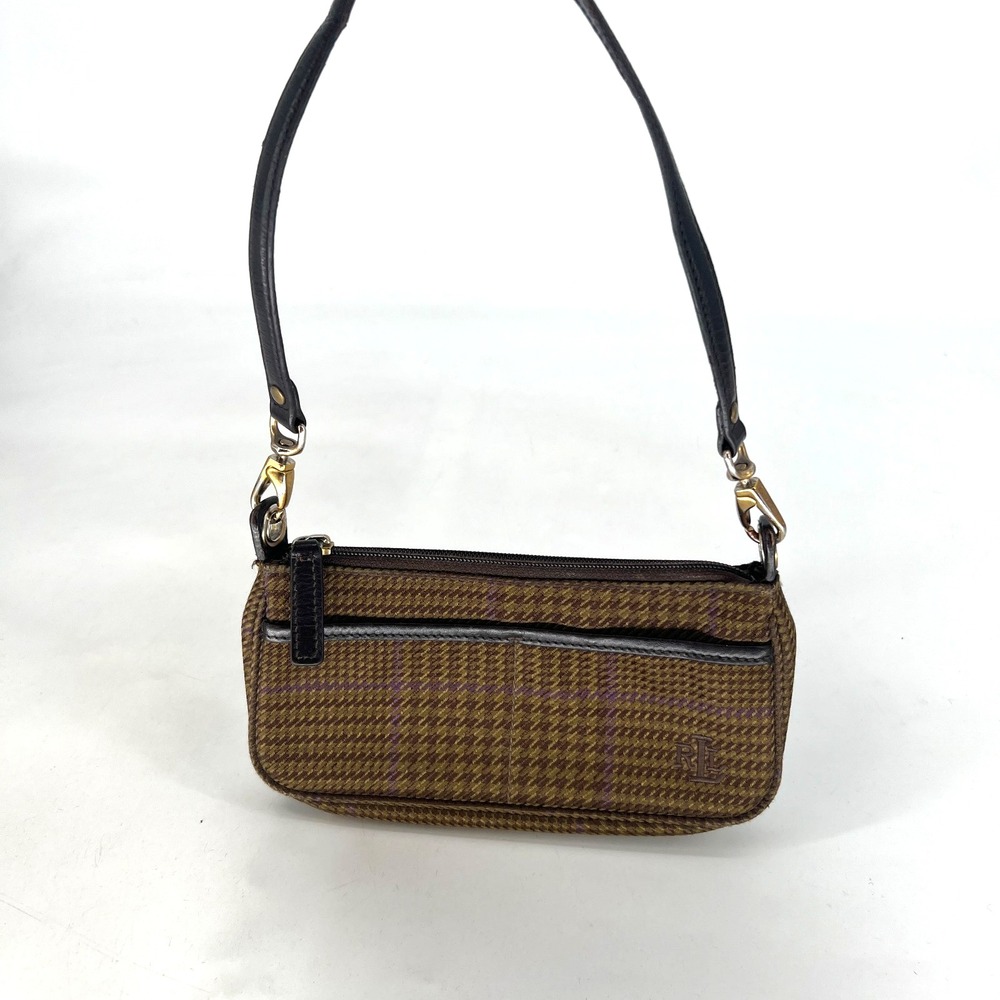 Ralph Lauren Mini Baguette Handbag Houndstooth Preppy 90s Brown Purple Shoulder